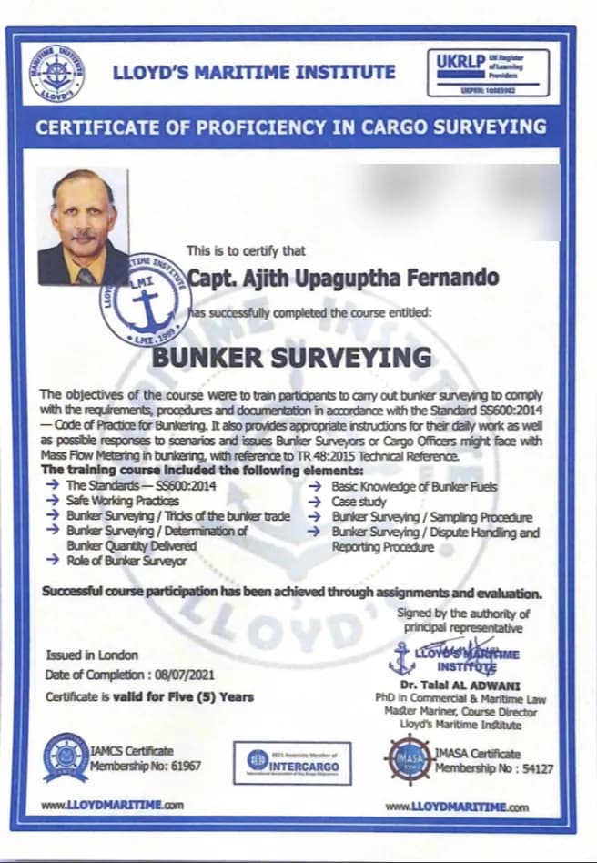 Bunker Surveying — Capt. Ajith U Fernando