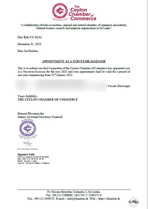 Ceylon Chamber Surveyor Appointment — Capt. Ajith U Fernando