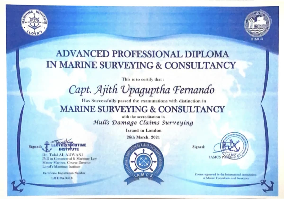 Hull Damage Claims Surveying — Capt. Ajith U Fernando