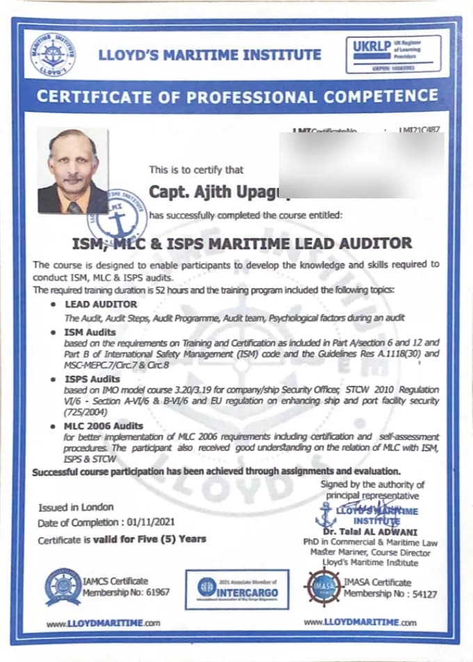 ISM, ISPS & MLC Maritime Lead Auditor — Capt. Ajith U Fernando