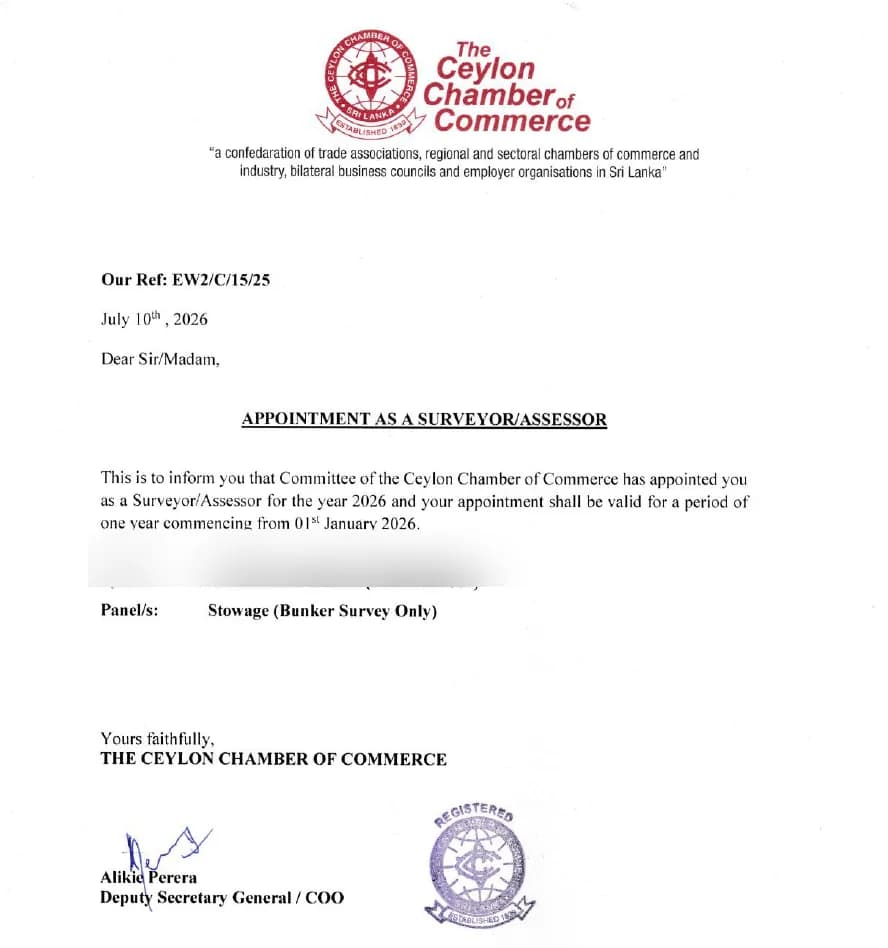 Ceylon Chamber Surveyor Appointment — Clishal L. Perera