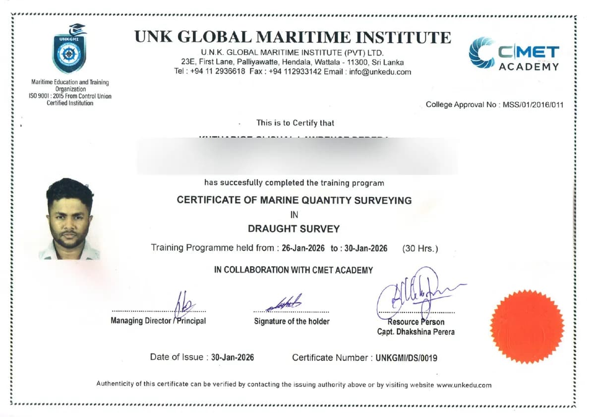 Certificate in Draught Survey — Clishal L. Perera