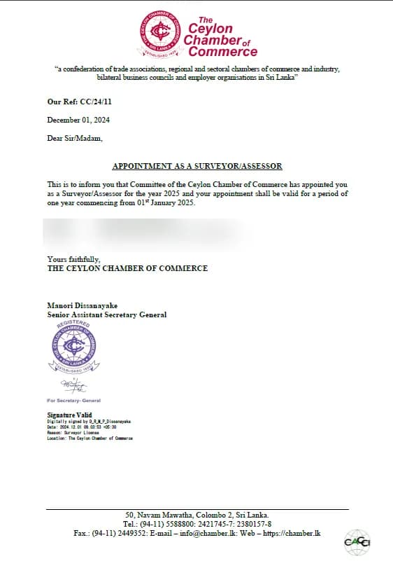 Ceylon Chamber Surveyor Appointment — G. F. Dias