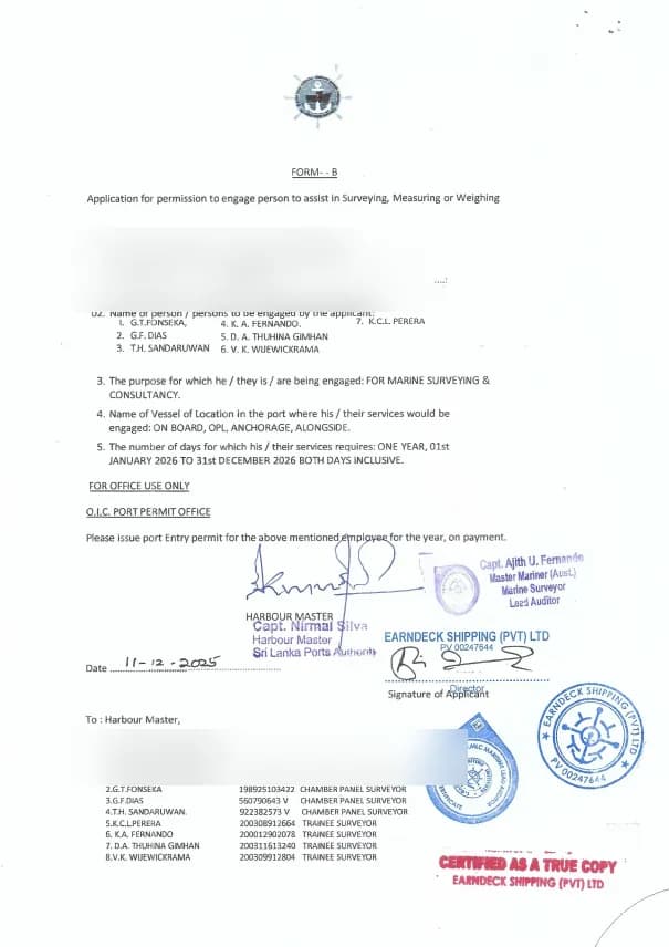 Sri Lanka Ports Authority Form B — Earndeck Shipping (Pvt) Ltd