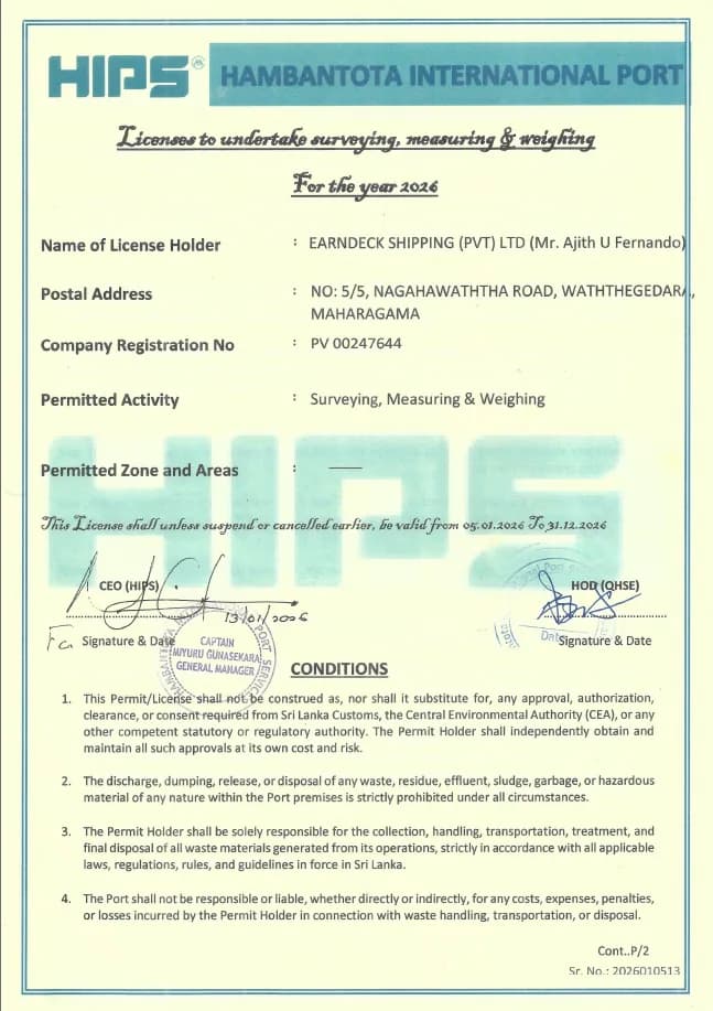 HIPG Port Surveyor Licence — Earndeck Shipping (Pvt) Ltd