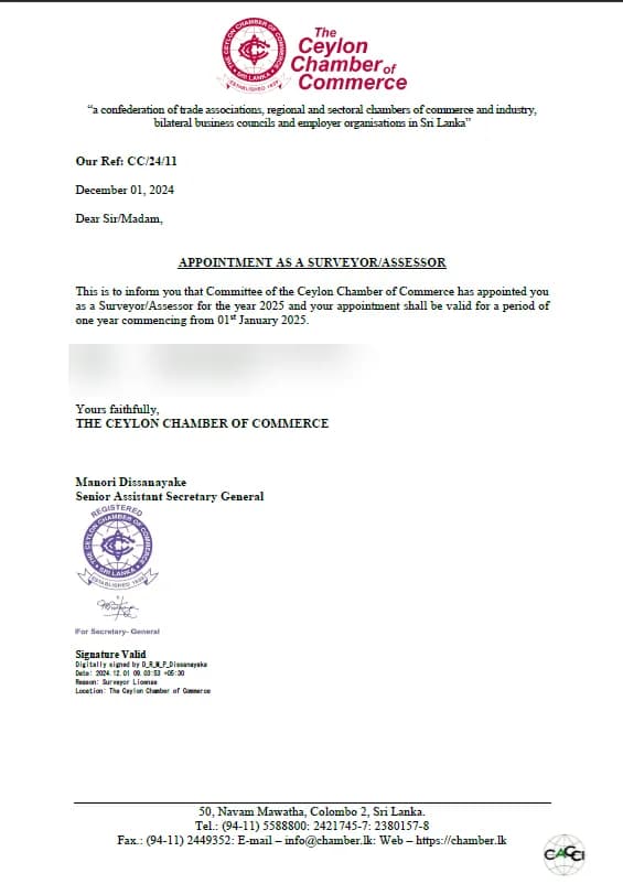 Ceylon Chamber Surveyor Appointment — S. Prasanga