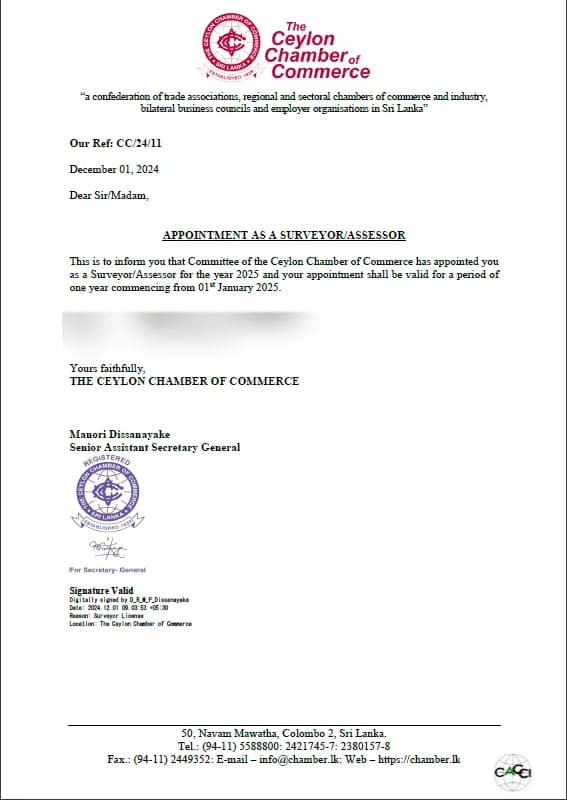 Ceylon Chamber Surveyor Appointment — T. H. Sandaruwan